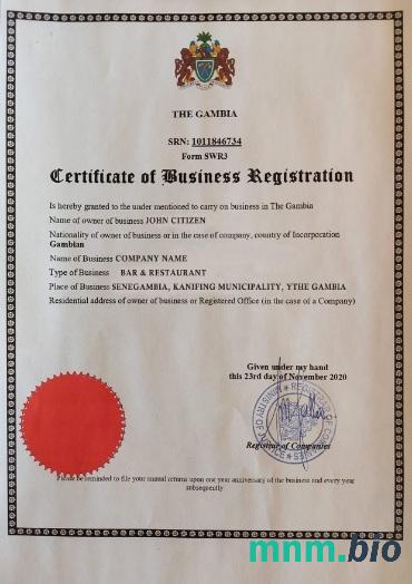 Certyfikat rejestracji firmy Gambia Word i szablon PDF